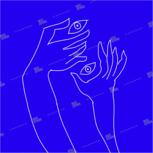 hands holding eyes on blue background artwork